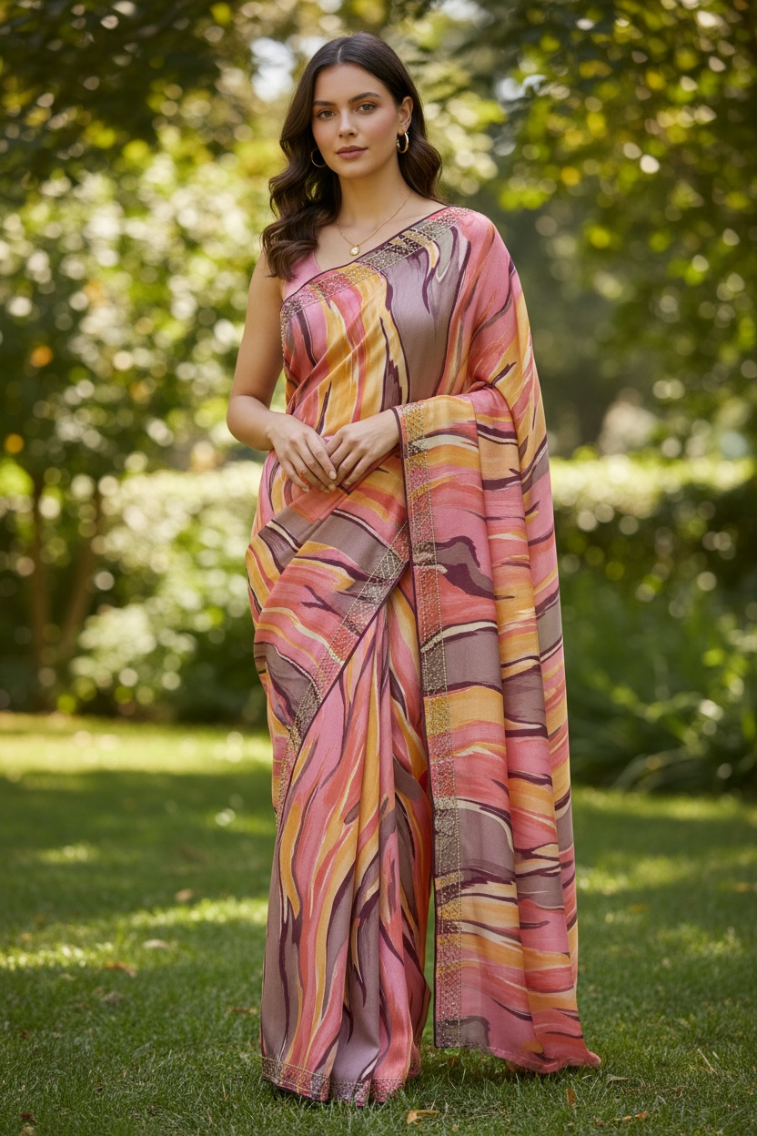 Luxury Satin Blend Saree – Soft, Glossy & Lightweight