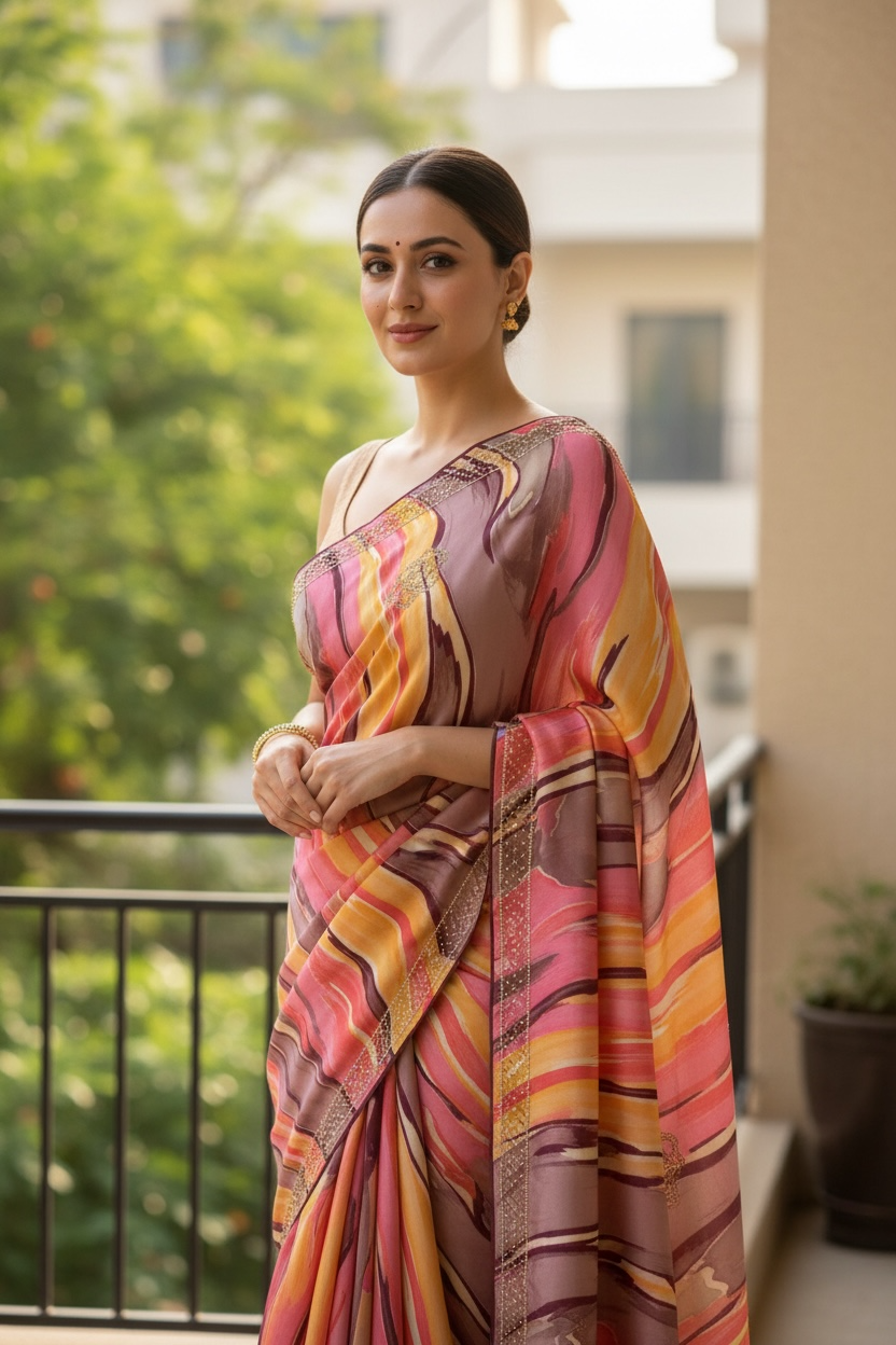 Luxury Satin Blend Saree – Soft, Glossy & Lightweight
