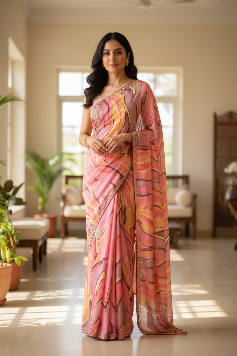 Luxury Satin Blend Saree – Soft, Glossy & Lightweight
