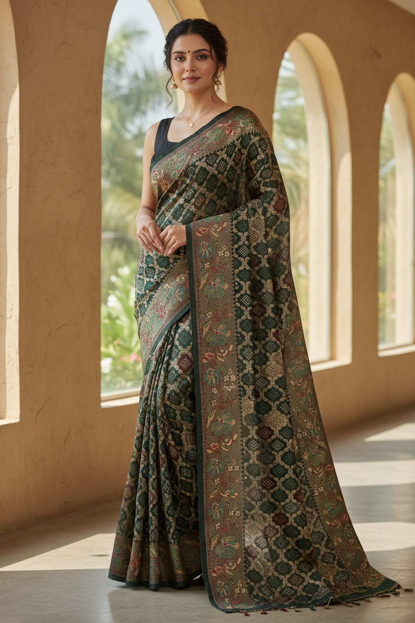 Dull Moss Foil Print Saree with Swarovski Work & Contrast Borde