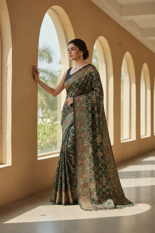 Dull Moss Foil Print Saree with Swarovski Work & Contrast Borde