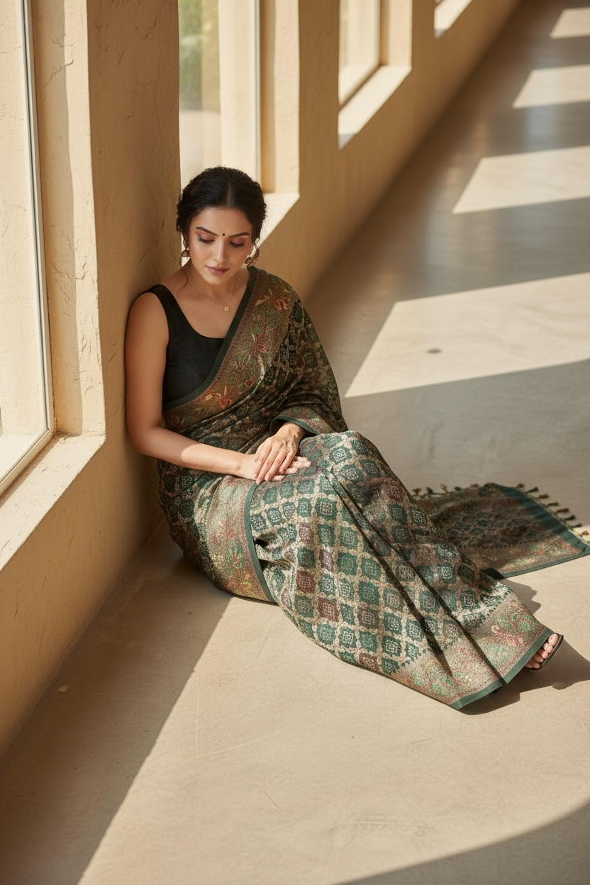Dull Moss Foil Print Saree with Swarovski Work & Contrast Borde