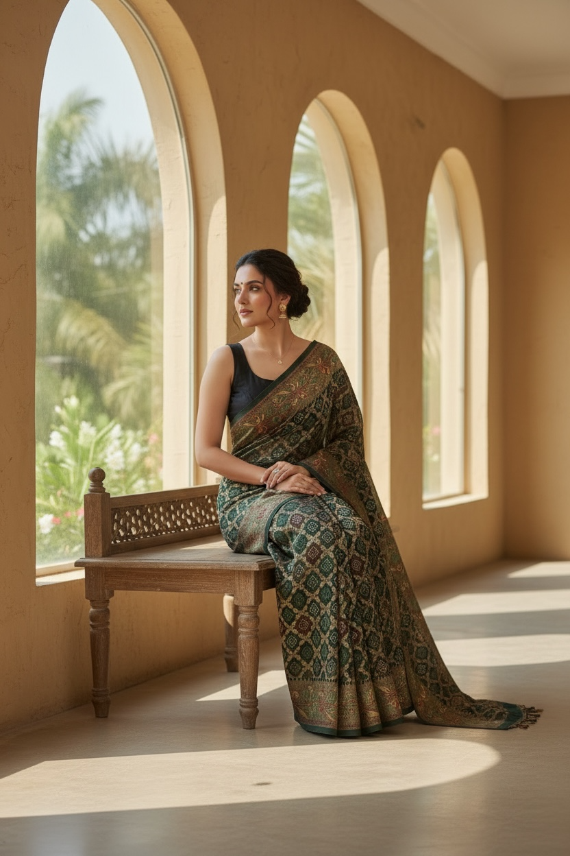 Dull Moss Foil Print Saree with Swarovski Work & Contrast Borde