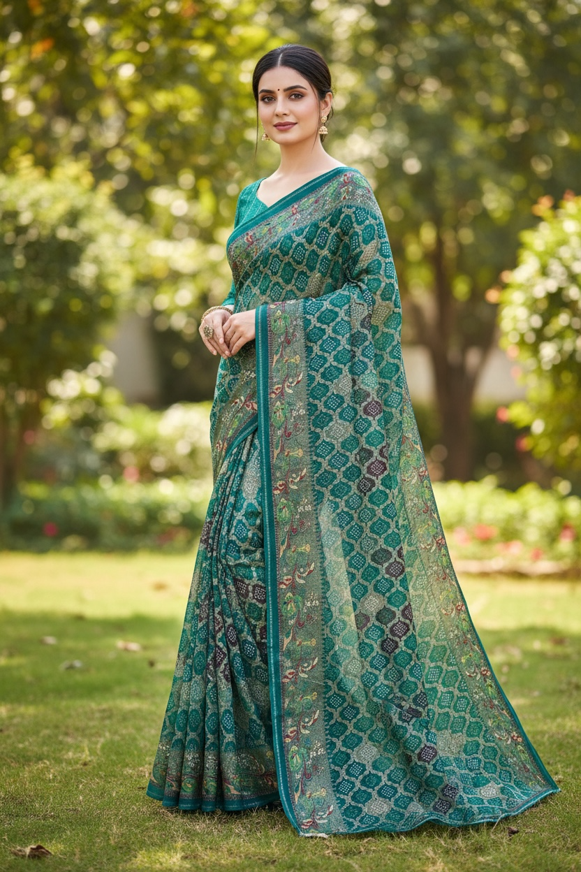 Dull Moss Foil Print Saree with Swarovski Work & Contrast Borde