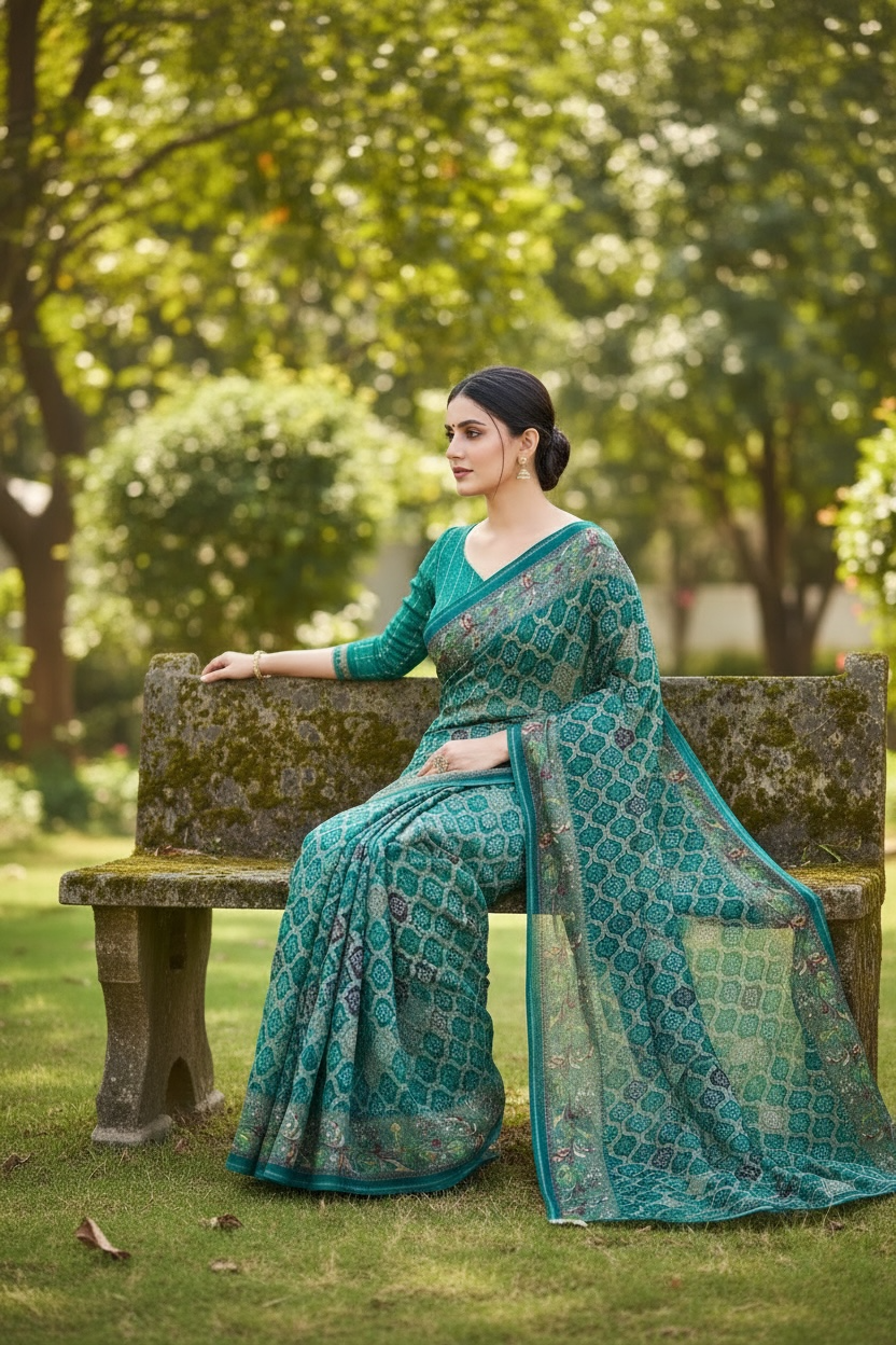Dull Moss Foil Print Saree with Swarovski Work & Contrast Borde