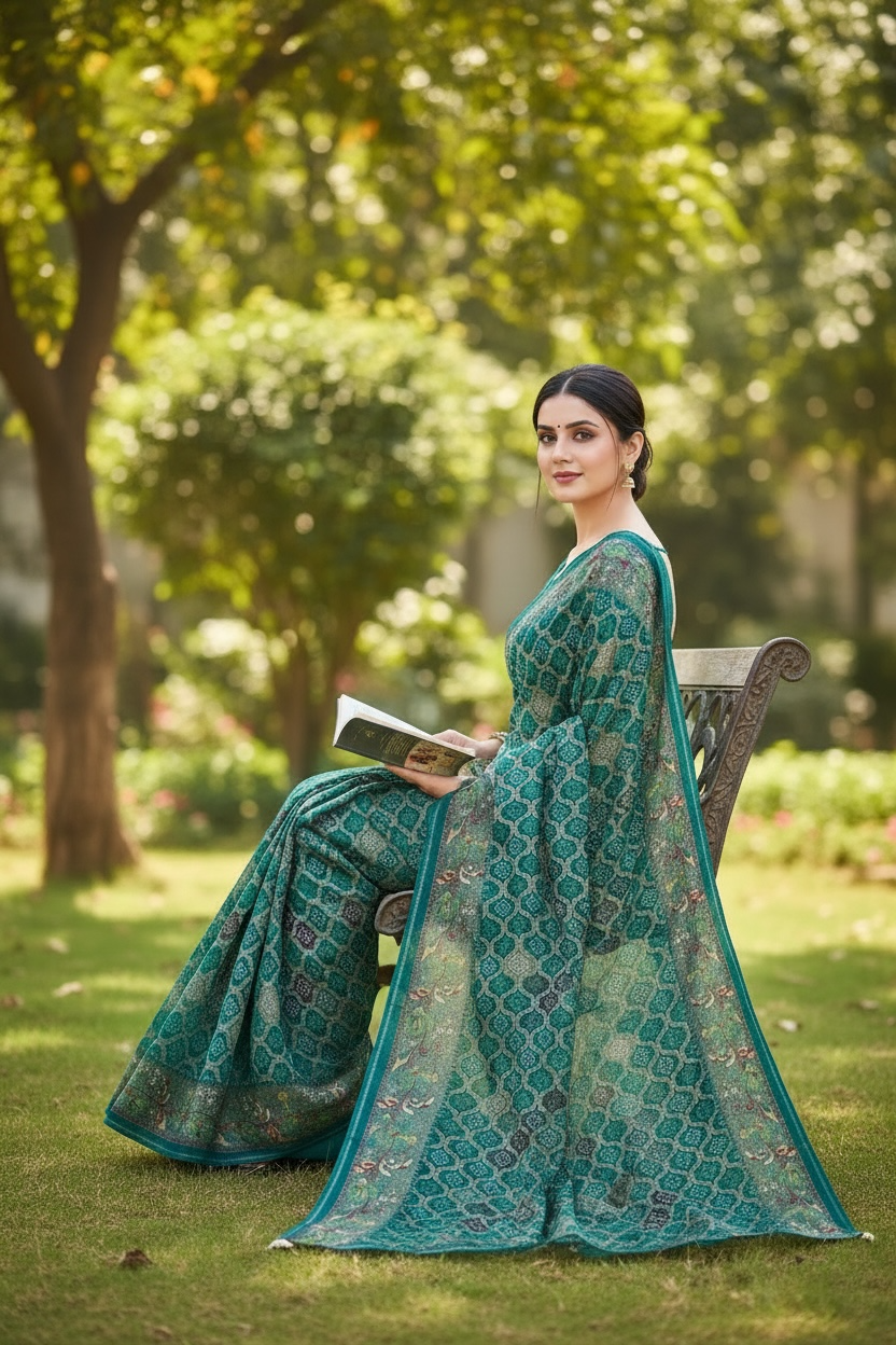 Dull Moss Foil Print Saree with Swarovski Work & Contrast Borde