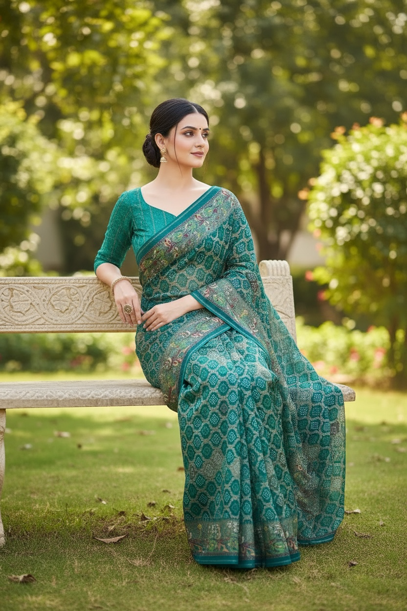 Dull Moss Foil Print Saree with Swarovski Work & Contrast Borde